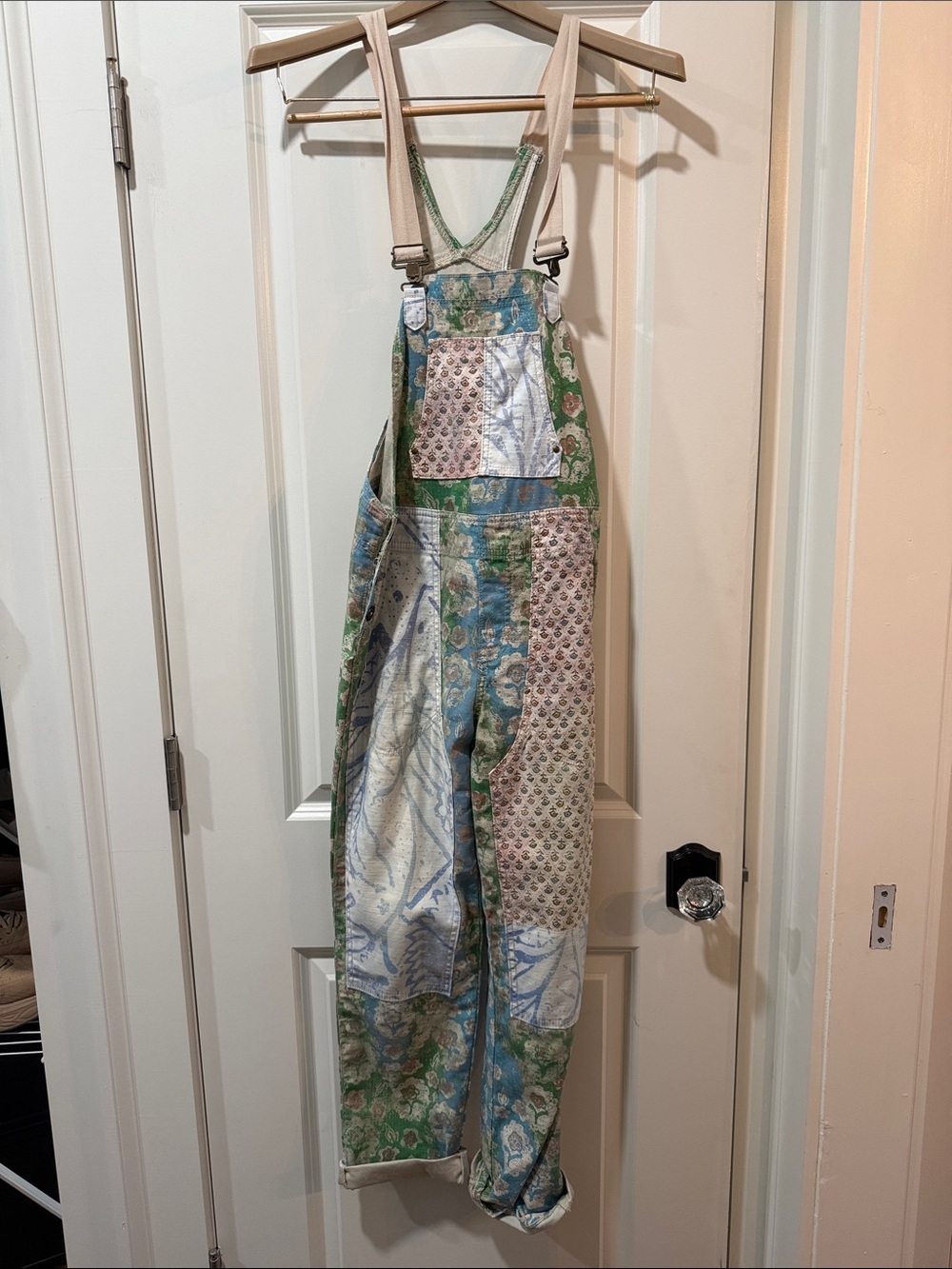 Pilcro Patchwork Floral Romper Overalls in Green, Blue, Cream